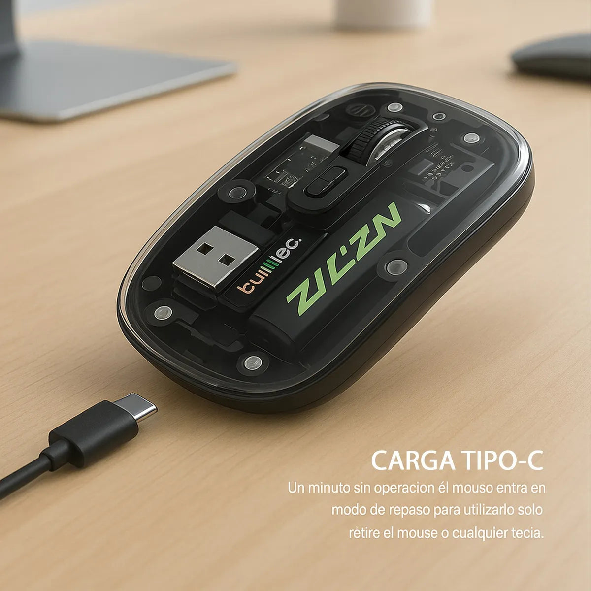 Mouse Inalámbrico Recargable Bluetooth Tipo-c Bulltec Negro