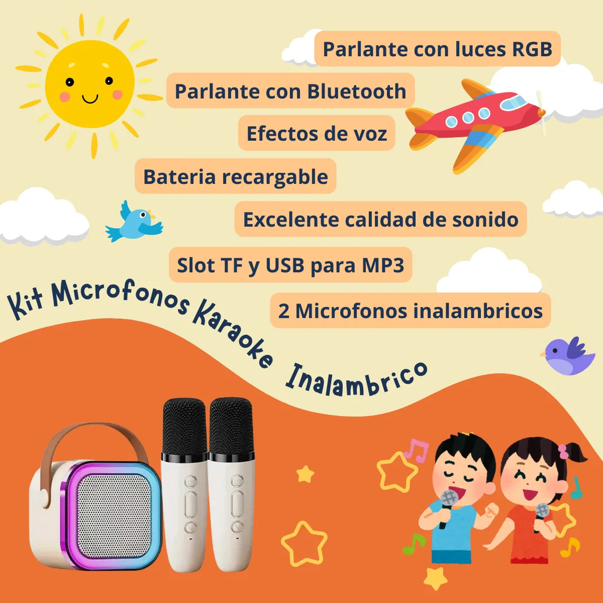 Parlante Karaoke con 2 Micrófonos inalámbricos